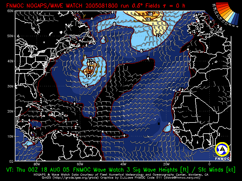 product: FNMOC Wave Watch 3 Sig Wave Heights [ft] ; Over Ocean Sfc Winds [kt], area: Atlantic, tau: 000 